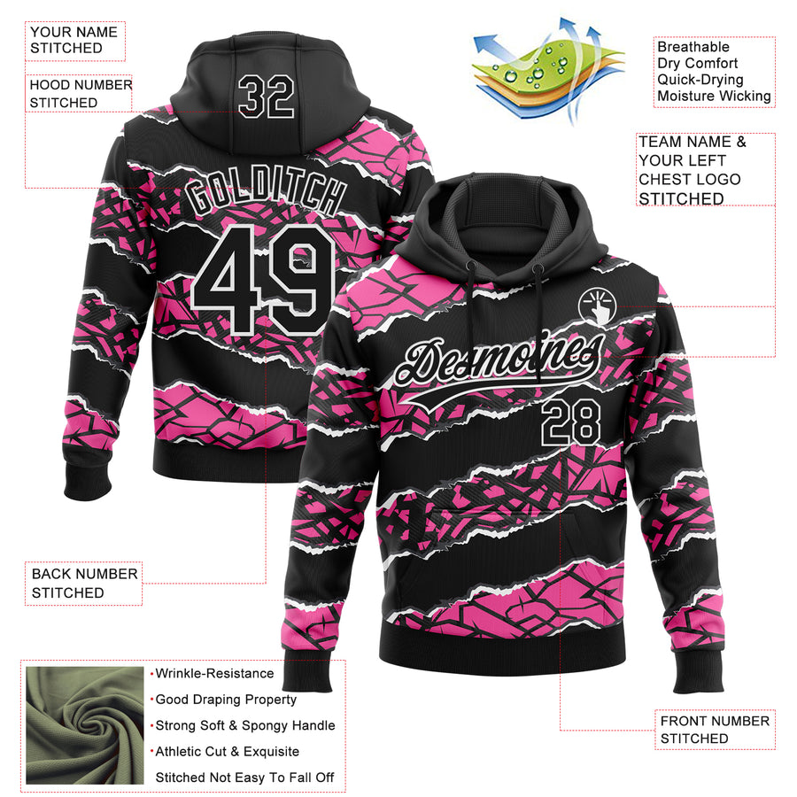 Custom Stitched Black Pink-White 3D Pattern Design Torn Paper Style Sports Pullover Sweatshirt Hoodie