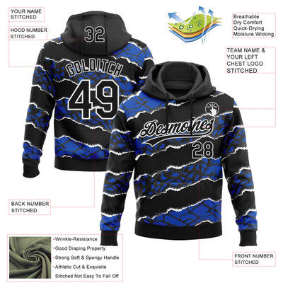 Custom Stitched Black Thunder Blue-White 3D Pattern Design Torn Paper Style Sports Pullover Sweatshirt Hoodie