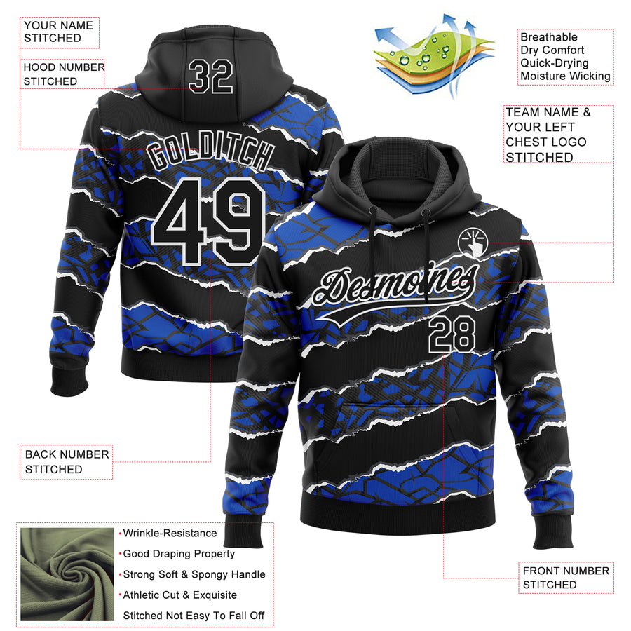 Custom Stitched Black Thunder Blue-White 3D Pattern Design Torn Paper Style Sports Pullover Sweatshirt Hoodie