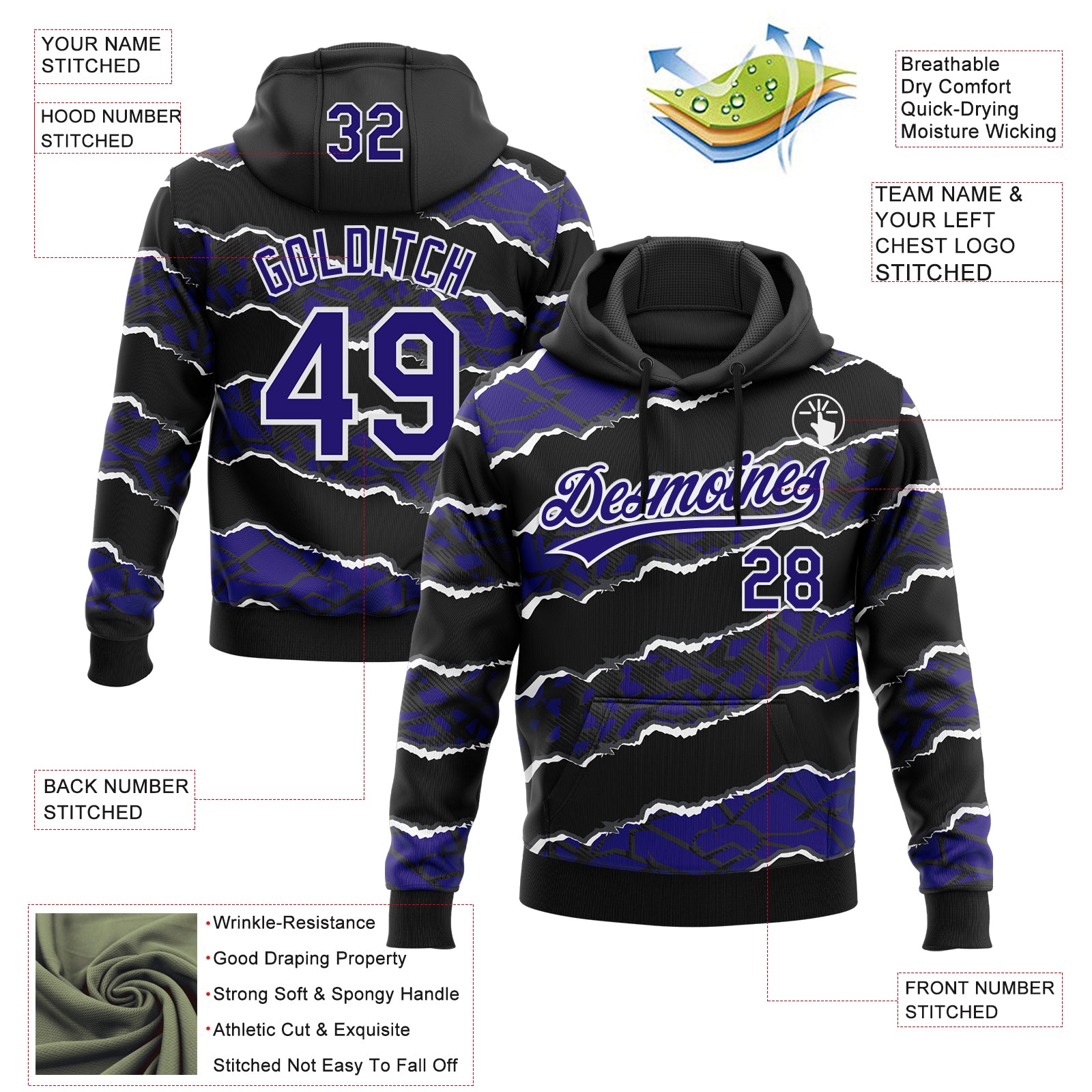 Custom Stitched Black Dark Purple-White 3D Pattern Design Torn Paper Style Sports Pullover Sweatshirt Hoodie