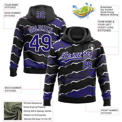 Custom Stitched Black Dark Purple-White 3D Pattern Design Torn Paper Style Sports Pullover Sweatshirt Hoodie