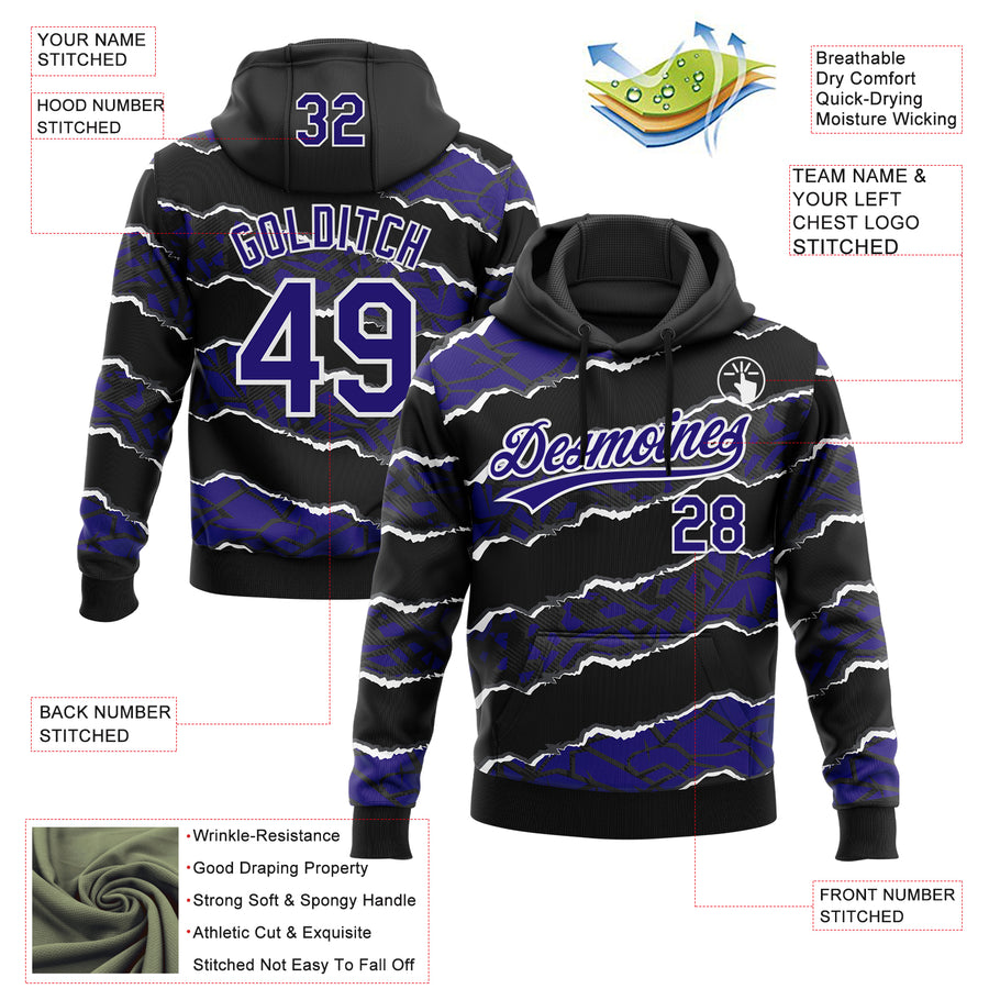 Custom Stitched Black Dark Purple-White 3D Pattern Design Torn Paper Style Sports Pullover Sweatshirt Hoodie