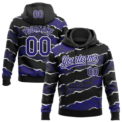 Custom Stitched Black Dark Purple-White 3D Pattern Design Torn Paper Style Sports Pullover Sweatshirt Hoodie