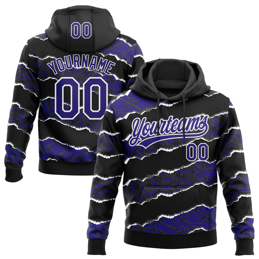 Custom Stitched Black Dark Purple-White 3D Pattern Design Torn Paper Style Sports Pullover Sweatshirt Hoodie