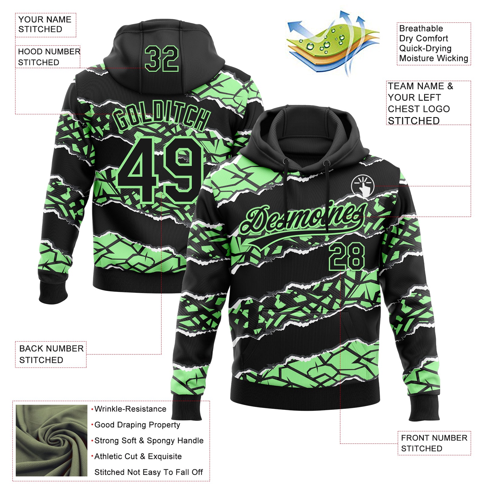 Custom Stitched Black Pea Green-White 3D Pattern Design Torn Paper Style Sports Pullover Sweatshirt Hoodie