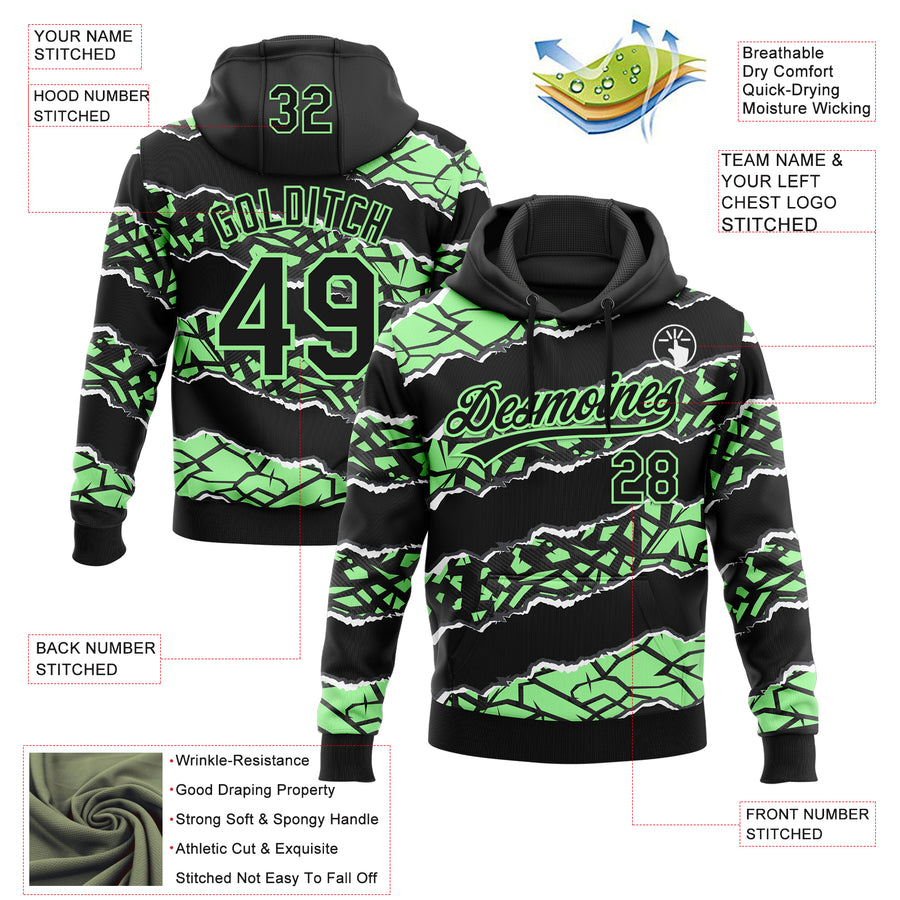 Custom Stitched Black Pea Green-White 3D Pattern Design Torn Paper Style Sports Pullover Sweatshirt Hoodie