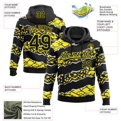 Custom Stitched Black Light Yellow-White 3D Pattern Design Torn Paper Style Sports Pullover Sweatshirt Hoodie
