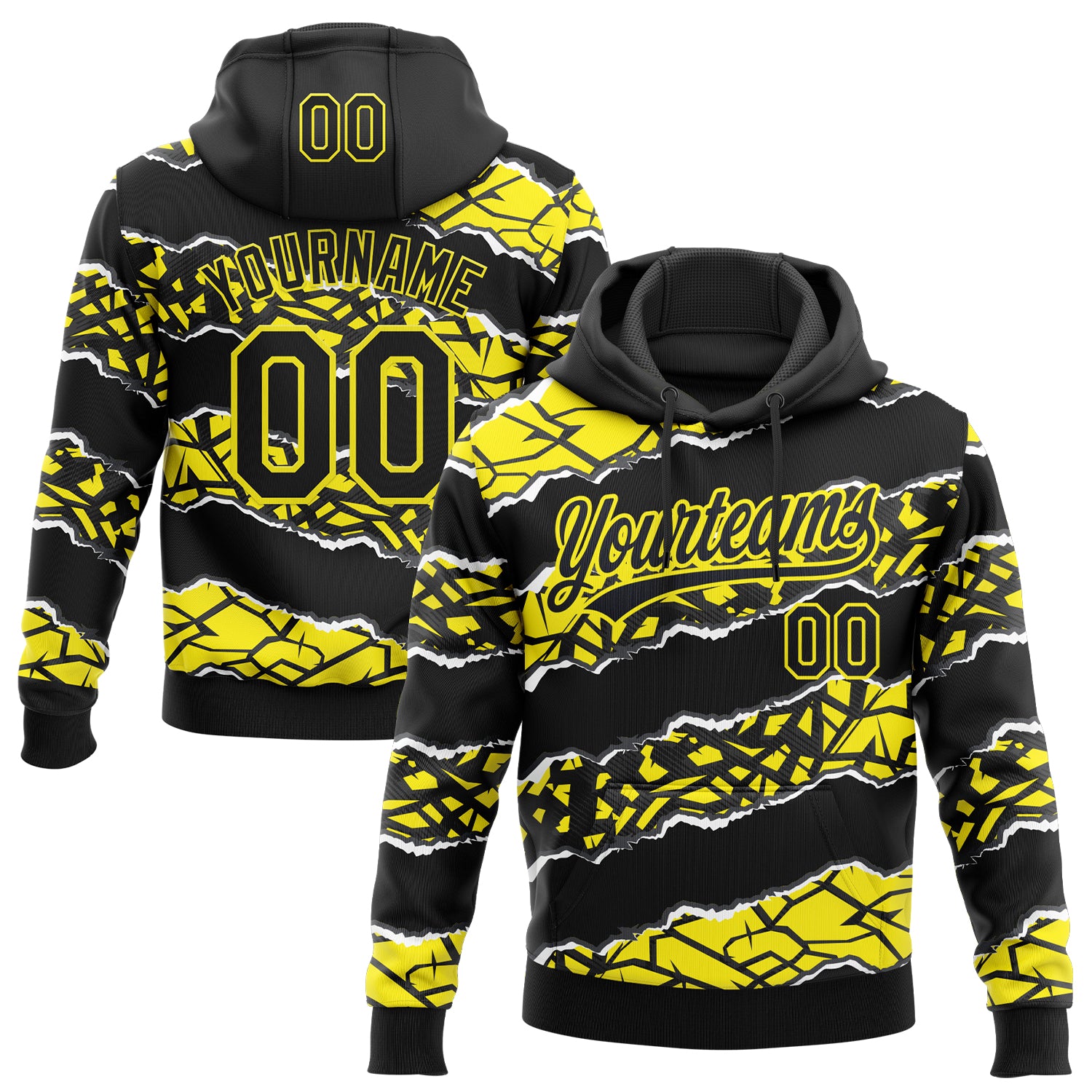 Custom Stitched Black Light Yellow-White 3D Pattern Design Torn Paper Style Sports Pullover Sweatshirt Hoodie