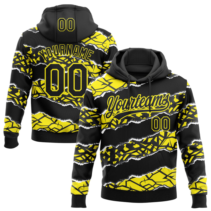 Custom Stitched Black Light Yellow-White 3D Pattern Design Torn Paper Style Sports Pullover Sweatshirt Hoodie