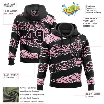 Custom Stitched Black Light Pink-White 3D Pattern Design Torn Paper Style Sports Pullover Sweatshirt Hoodie