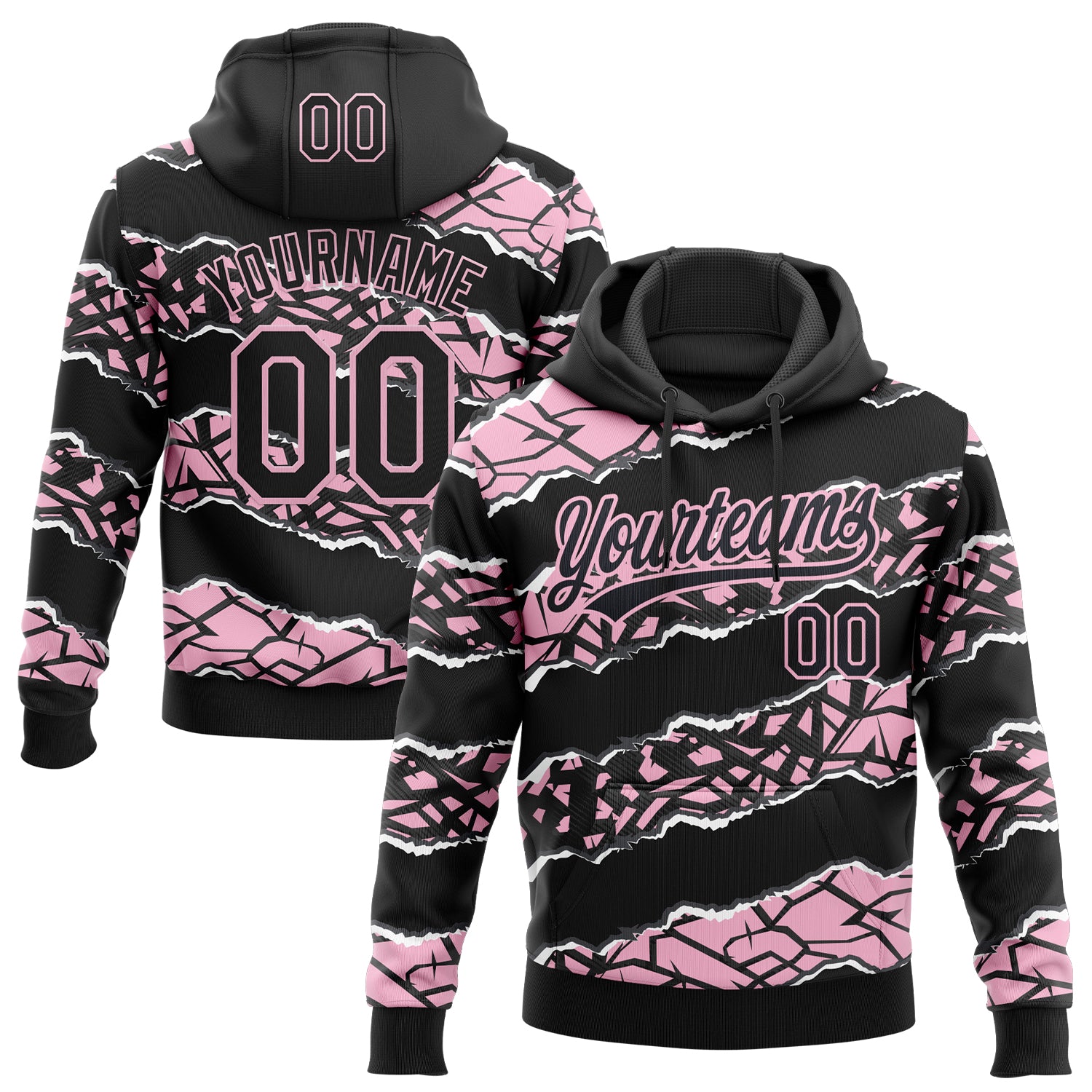 Custom Stitched Black Light Pink-White 3D Pattern Design Torn Paper Style Sports Pullover Sweatshirt Hoodie