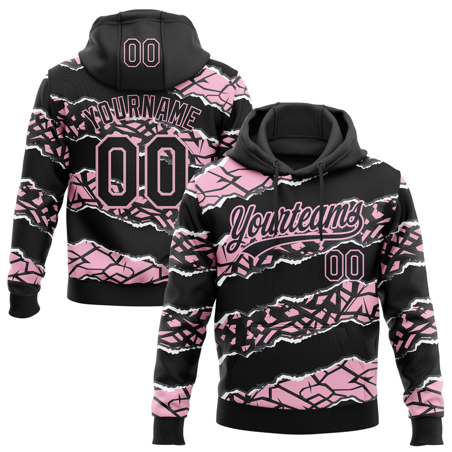 Custom Stitched Black Light Pink-White 3D Pattern Design Torn Paper Style Sports Pullover Sweatshirt Hoodie