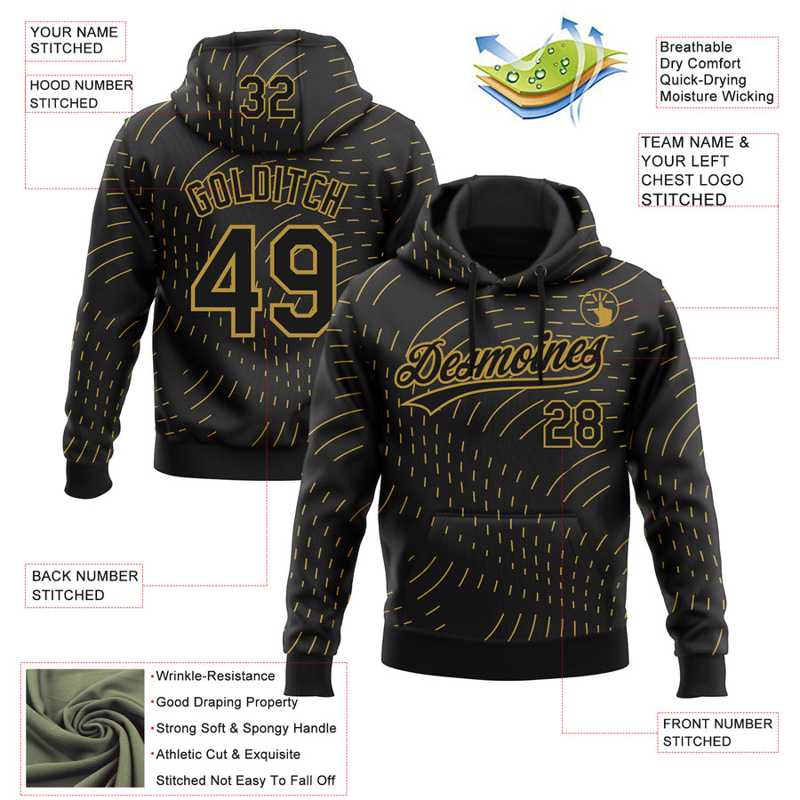 Custom Stitched Black Old Gold 3D Pattern Design Line Sportswear Pullover Sweatshirt Hoodie