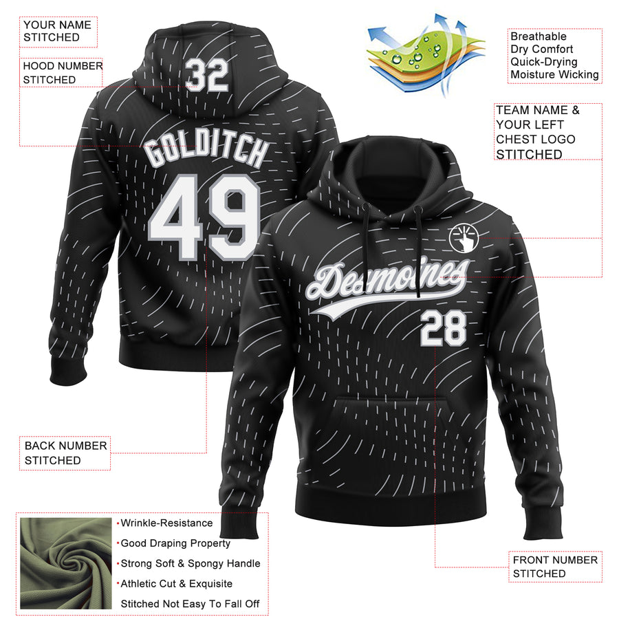 Custom Stitched Black White-Gray 3D Pattern Design Line Sportswear Pullover Sweatshirt Hoodie