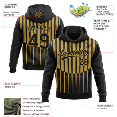 Custom Stitched Black Old Gold 3D Pattern Design Line Sportswear Pullover Sweatshirt Hoodie