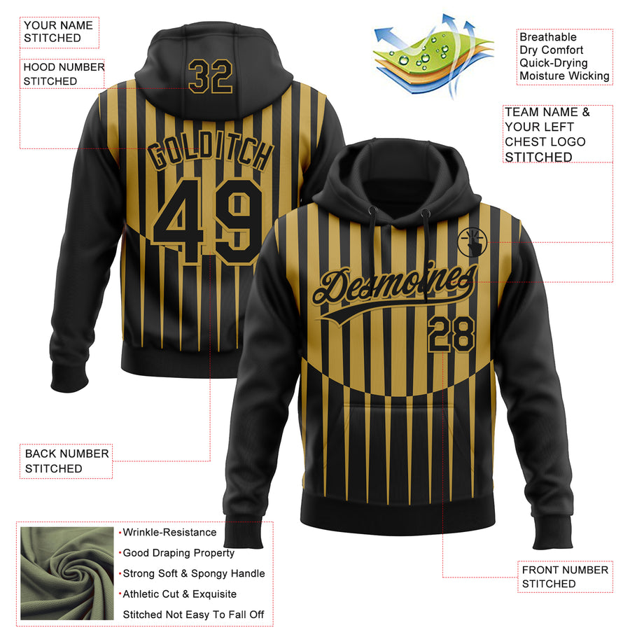 Custom Stitched Black Old Gold 3D Pattern Design Line Sportswear Pullover Sweatshirt Hoodie