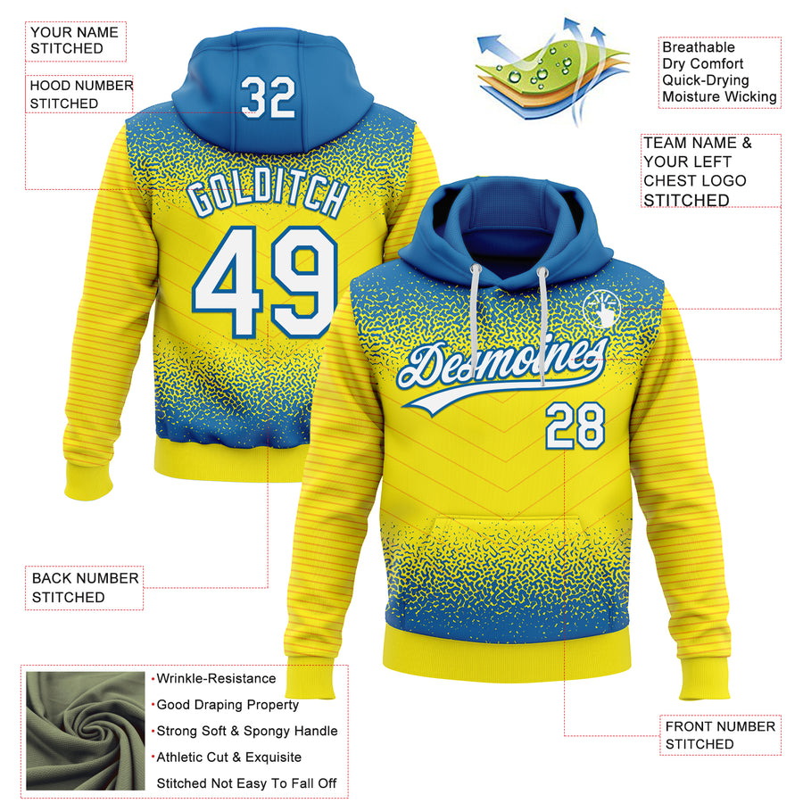 Custom Stitched Blue White-Light Yellow 3D Pattern Design Line Sportswear Pullover Sweatshirt Hoodie