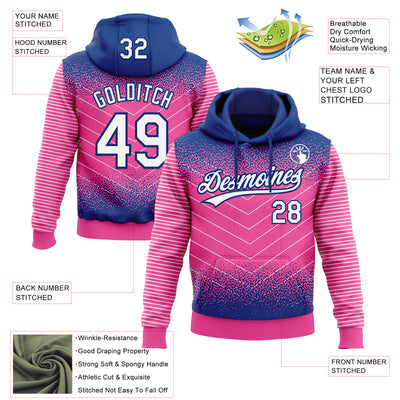 Custom Stitched Royal White-Pink 3D Pattern Design Line Sportswear Pullover Sweatshirt Hoodie