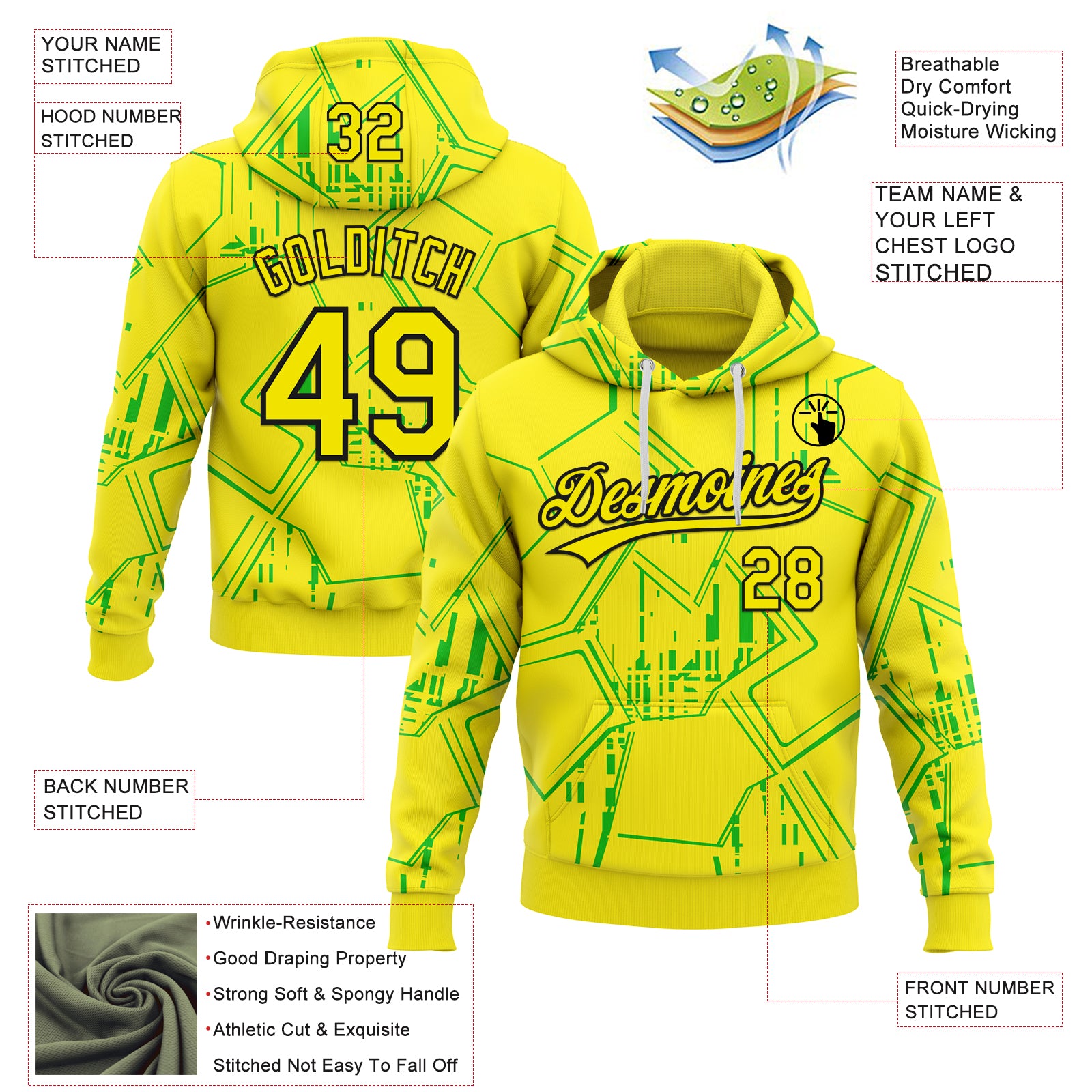 Custom Stitched Light Yellow Green-Black 3D Pattern Design Line Sportswear Pullover Sweatshirt Hoodie