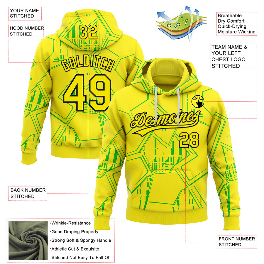 Custom Stitched Light Yellow Green-Black 3D Pattern Design Line Sportswear Pullover Sweatshirt Hoodie
