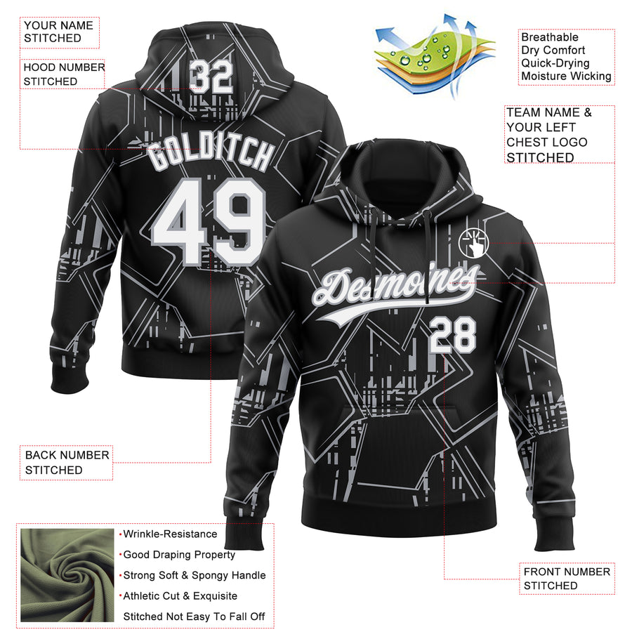 Custom Stitched Black White-Gray 3D Pattern Design Line Sportswear Pullover Sweatshirt Hoodie