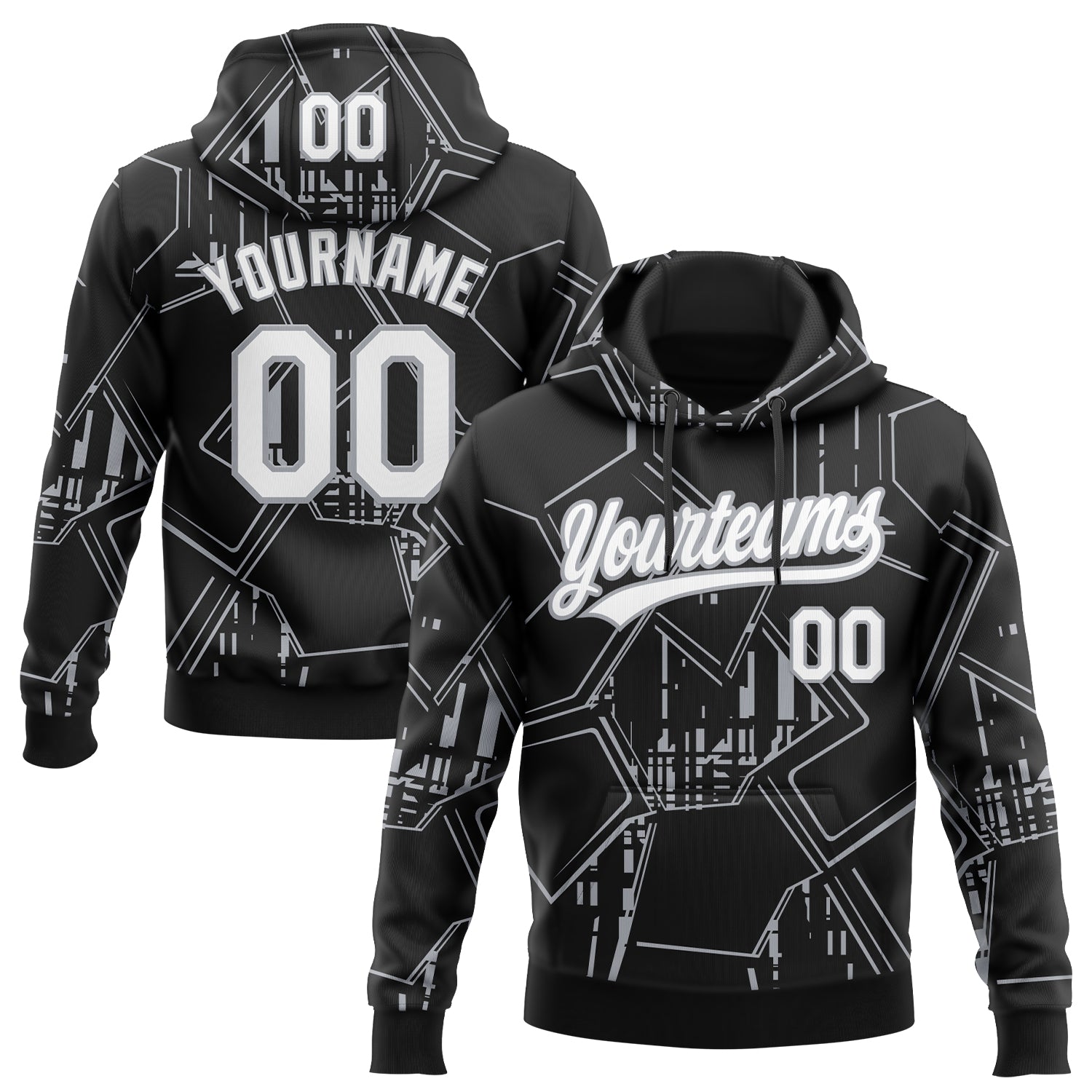 Custom Stitched Black White-Gray 3D Pattern Design Line Sportswear Pullover Sweatshirt Hoodie
