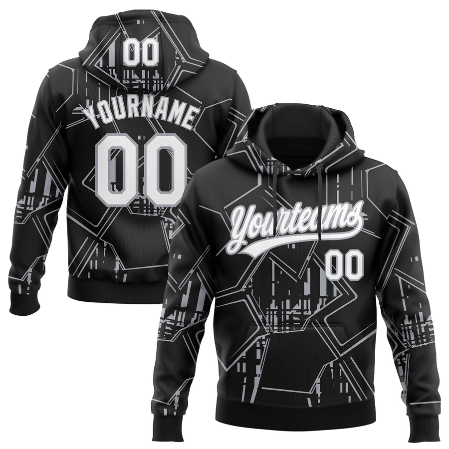 Custom Stitched Black White-Gray 3D Pattern Design Line Sportswear Pullover Sweatshirt Hoodie