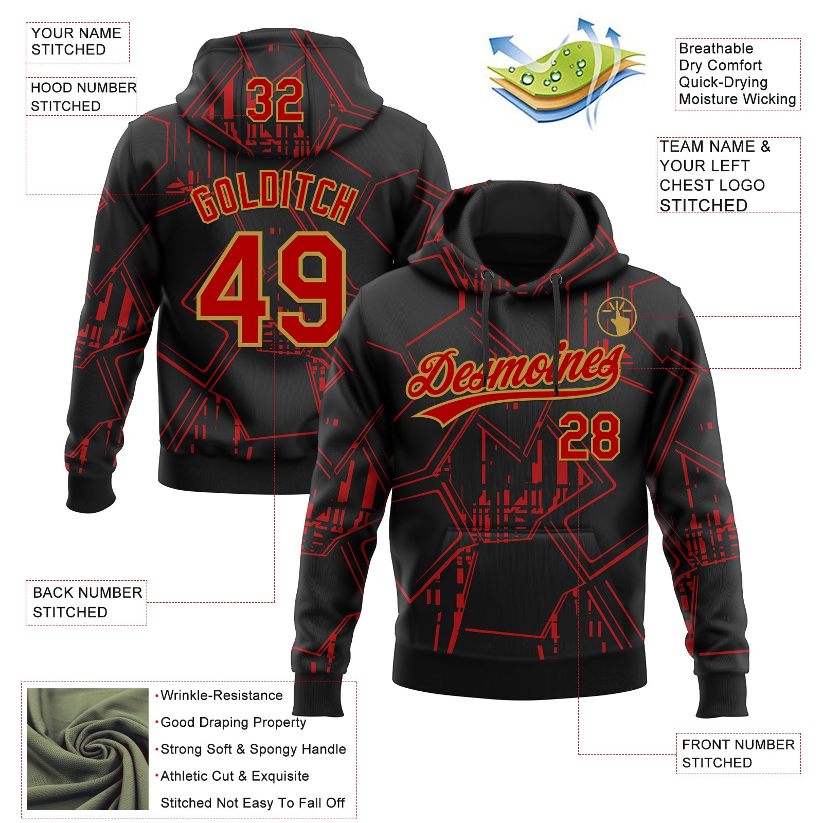 Custom Stitched Black Red-Old Gold 3D Pattern Design Line Sportswear Pullover Sweatshirt Hoodie