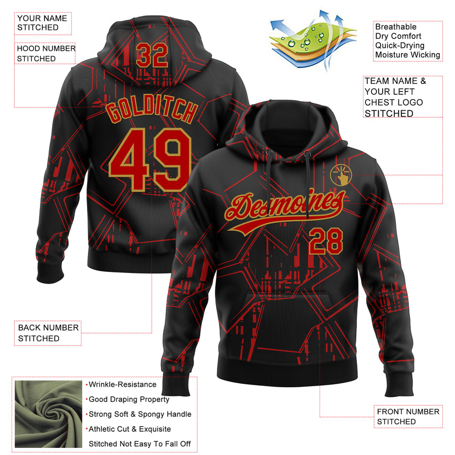 Custom Stitched Black Red-Old Gold 3D Pattern Design Line Sportswear Pullover Sweatshirt Hoodie