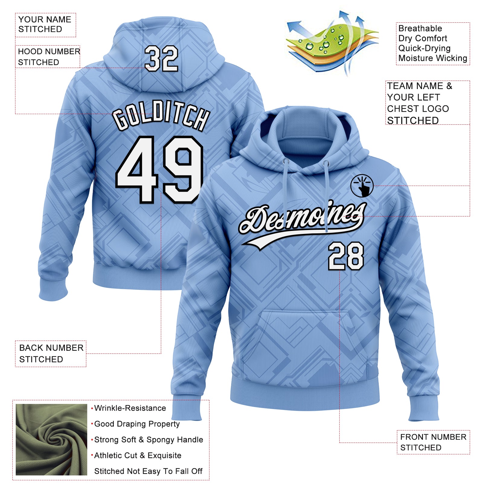 Custom Stitched Light Blue White-Black 3D Pattern Design Line Sportswear Pullover Sweatshirt Hoodie