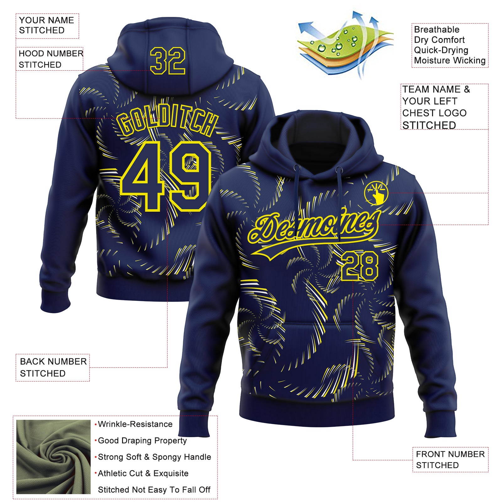 Custom Stitched Navy Light Yellow-White 3D Pattern Design Line Sportswear Pullover Sweatshirt Hoodie