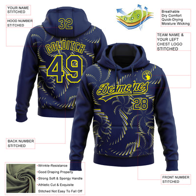 Custom Stitched Navy Light Yellow-White 3D Pattern Design Line Sportswear Pullover Sweatshirt Hoodie