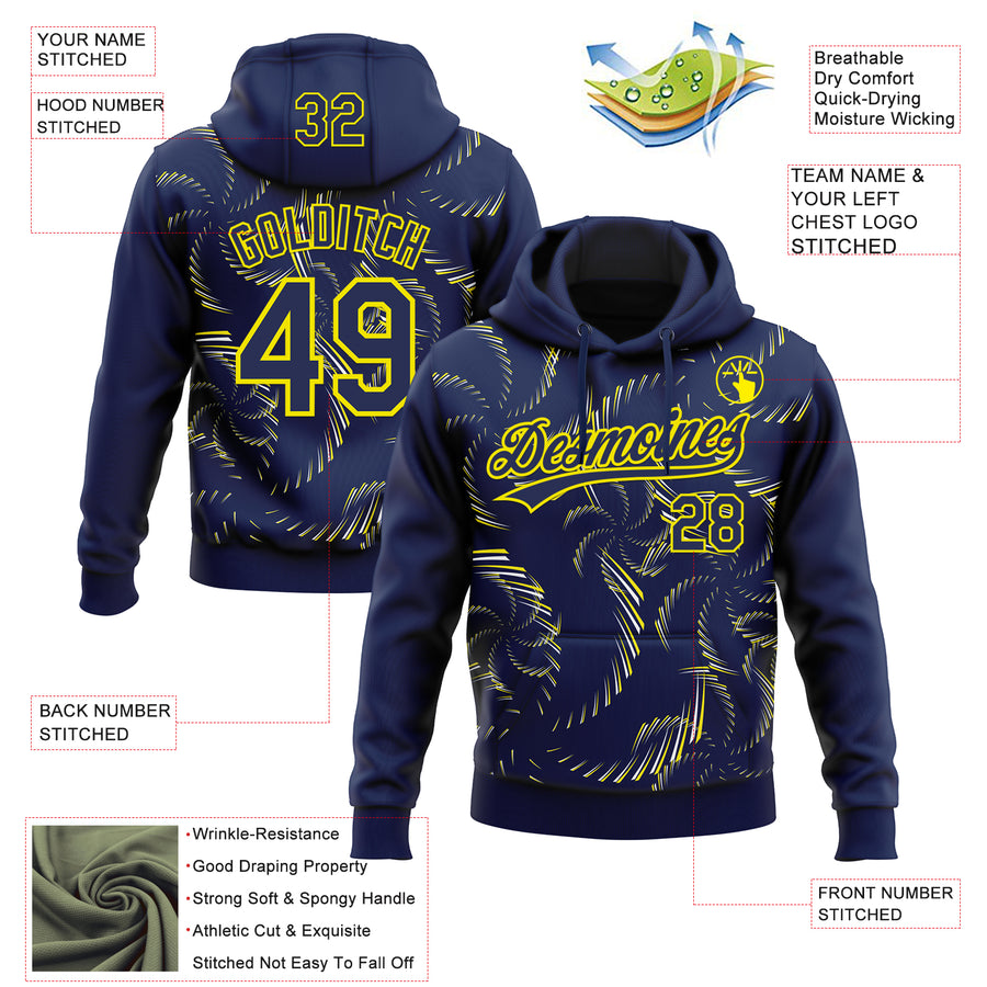 Custom Stitched Navy Light Yellow-White 3D Pattern Design Line Sportswear Pullover Sweatshirt Hoodie