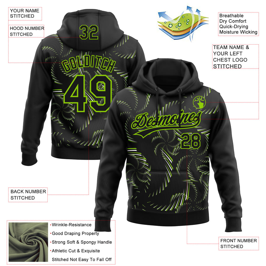 Custom Stitched Black Neon Green-White 3D Pattern Design Line Sportswear Pullover Sweatshirt Hoodie