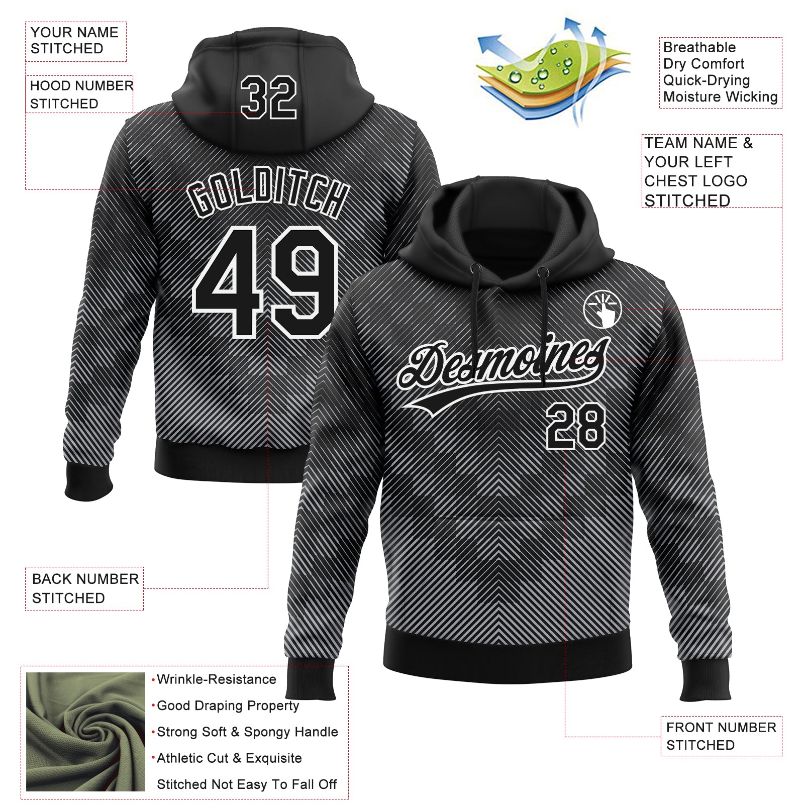 Custom Stitched Black White 3D Pattern Design Line Sportswear Pullover Sweatshirt Hoodie