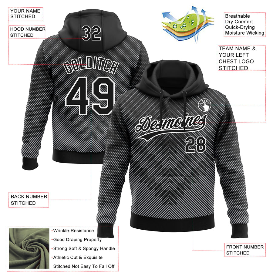 Custom Stitched Black White 3D Pattern Design Line Sportswear Pullover Sweatshirt Hoodie
