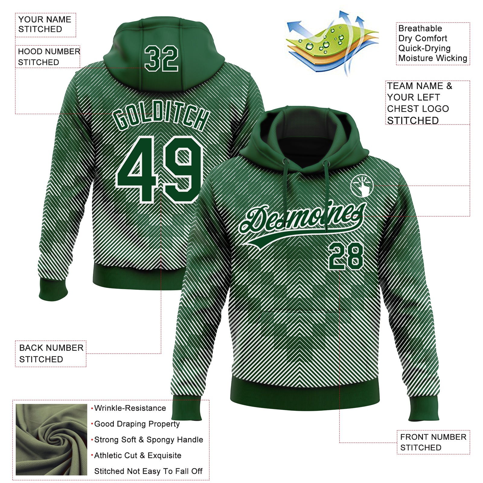 Custom Stitched Green White 3D Pattern Design Line Sportswear Pullover Sweatshirt Hoodie