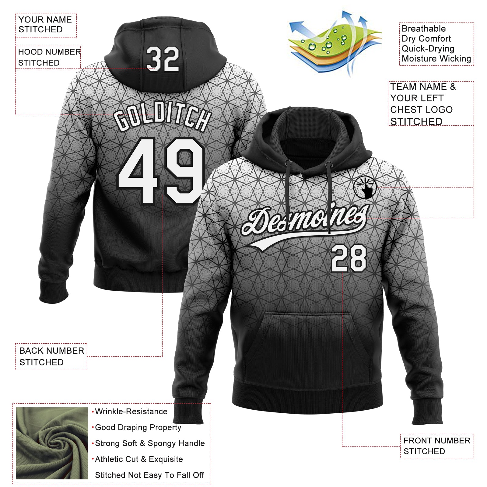 Custom Stitched Black White 3D Pattern Design Gradient Line Sportswear Pullover Sweatshirt Hoodie