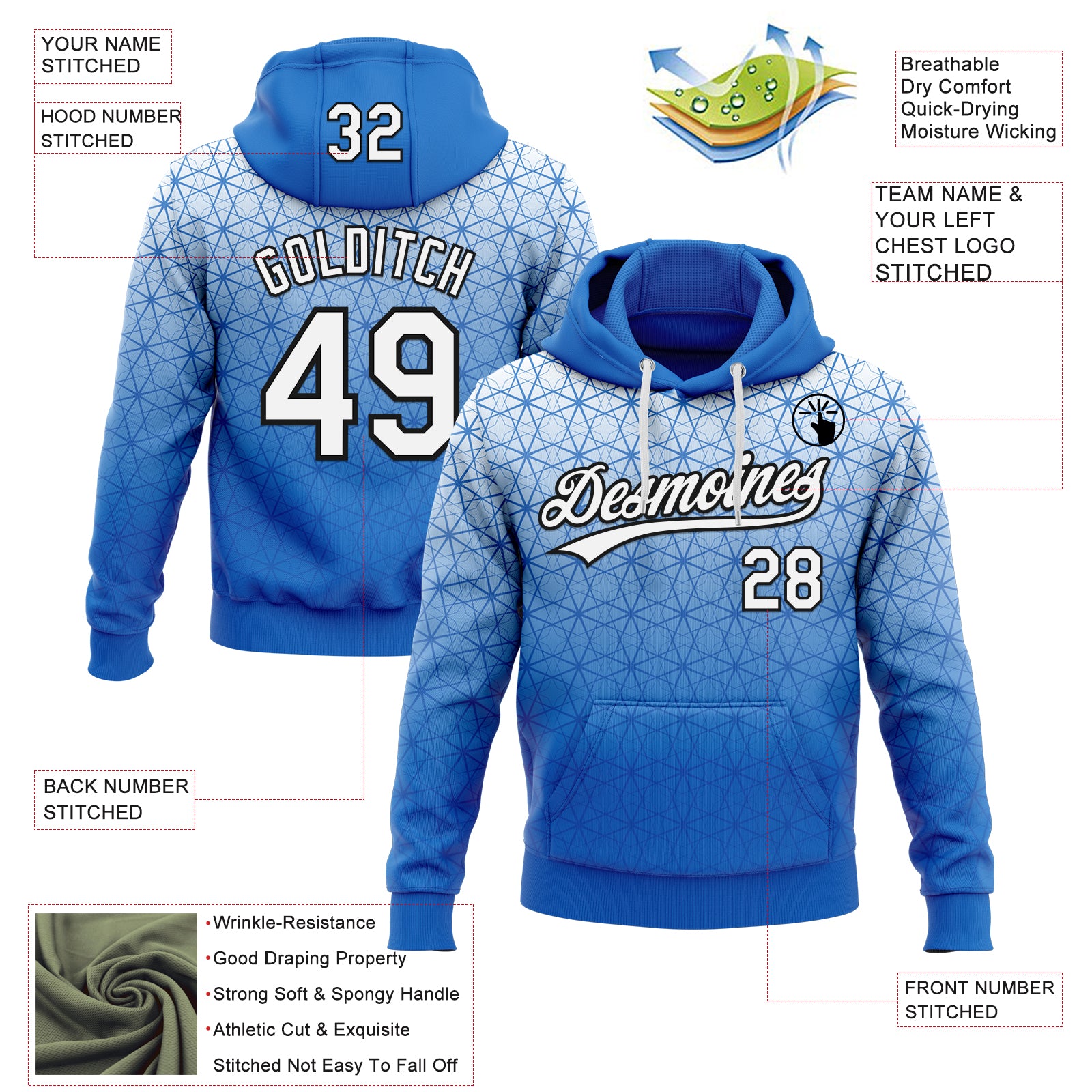 Custom Stitched Blue White-Black 3D Pattern Design Gradient Line Sportswear Pullover Sweatshirt Hoodie