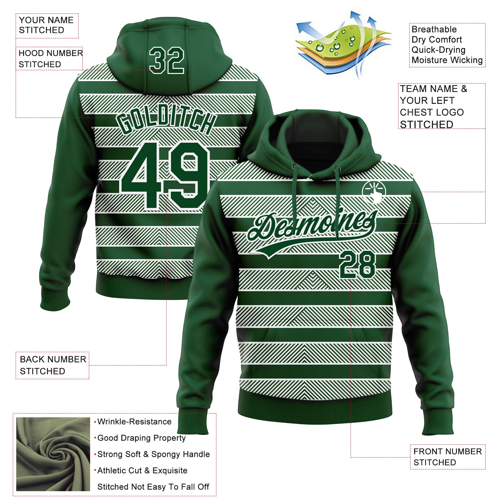 Custom Stitched Green White 3D Pattern Design Line Sportswear Pullover Sweatshirt Hoodie