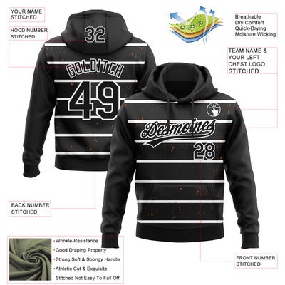 Custom Stitched Black White 3D Pattern Design Line Sportswear Pullover Sweatshirt Hoodie