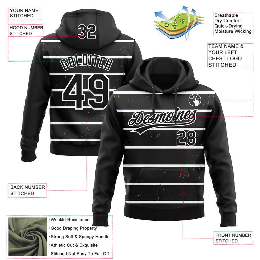 Custom Stitched Black White 3D Pattern Design Line Sportswear Pullover Sweatshirt Hoodie