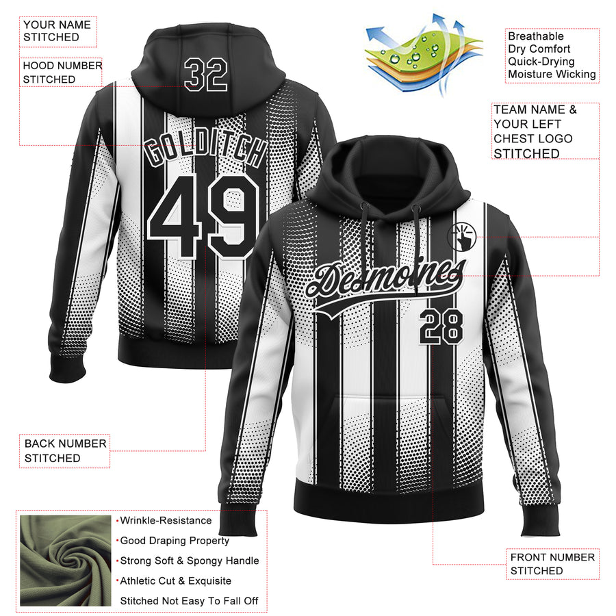 Custom Stitched Black White 3D Pattern Design Line Sportswear Pullover Sweatshirt Hoodie