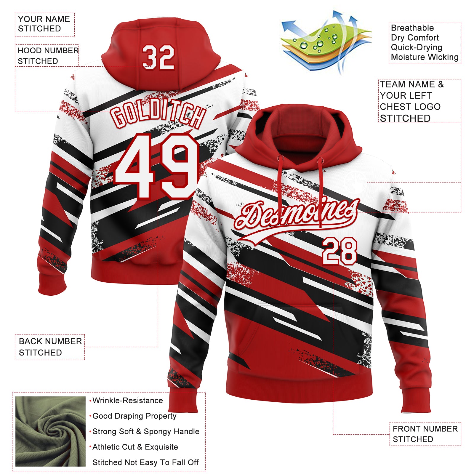 Custom Stitched Red White-Black 3D Pattern Design Line Sportswear Pullover Sweatshirt Hoodie