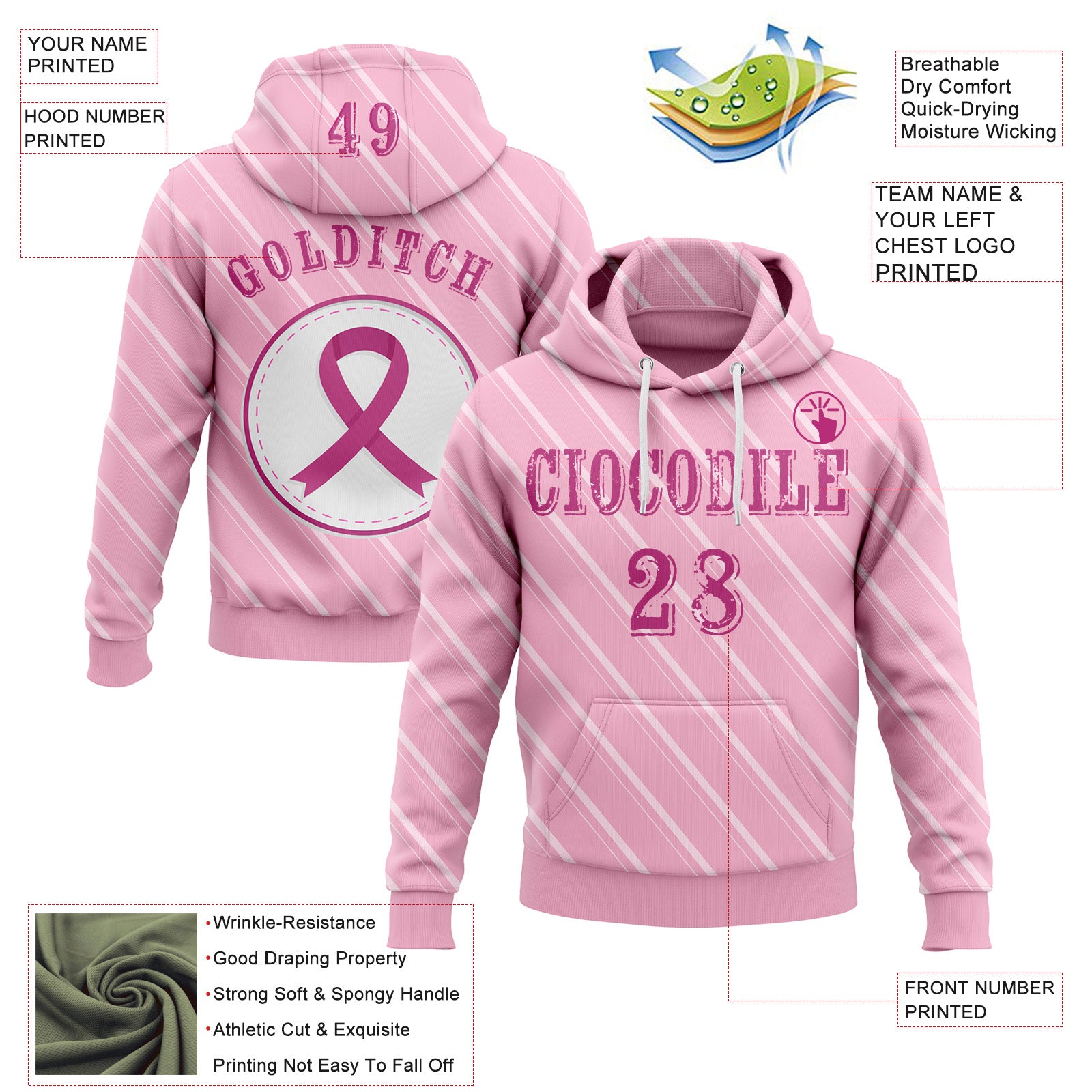 Custom Light Pink Pink-White 3D Pink Ribbon Breast Cancer Awareness Women Health Care Support Sports Pullover Sweatshirt Hoodie