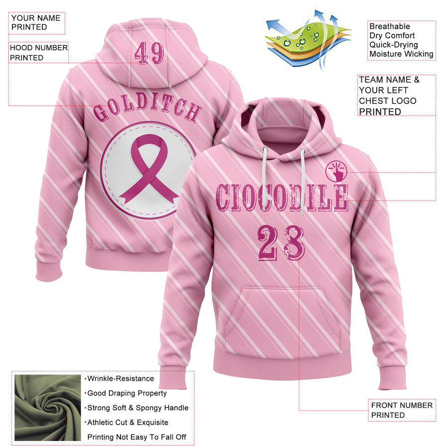 Custom Light Pink Pink-White 3D Pink Ribbon Breast Cancer Awareness Women Health Care Support Sports Pullover Sweatshirt Hoodie
