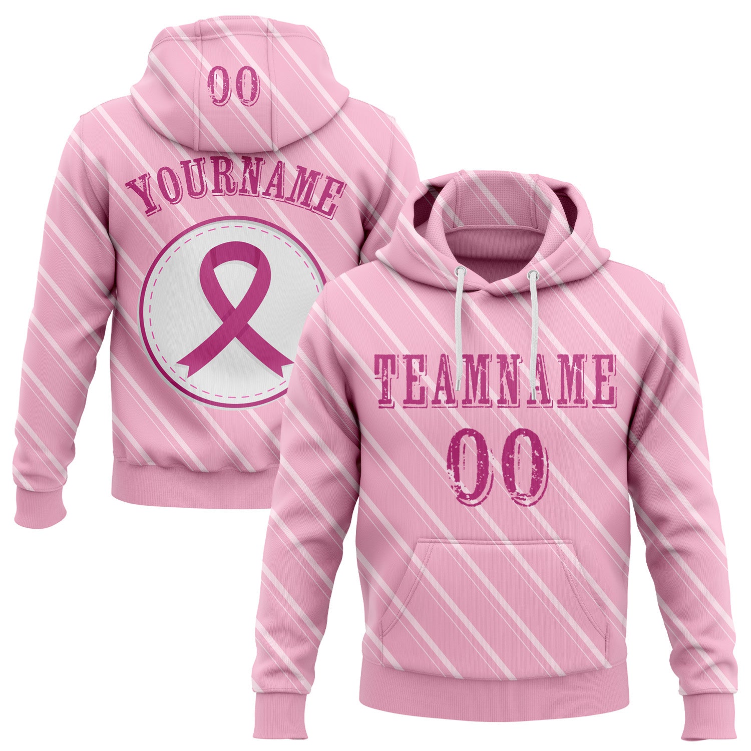 Custom Light Pink Pink-White 3D Pink Ribbon Breast Cancer Awareness Women Health Care Support Sports Pullover Sweatshirt Hoodie