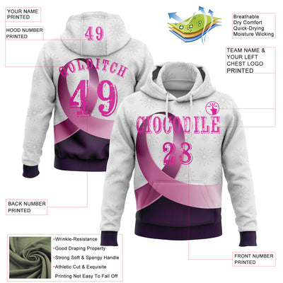 Custom White Deep Pink-Purple 3D Pink Ribbon Breast Cancer Awareness Women Health Care Support Sports Pullover Sweatshirt Hoodie
