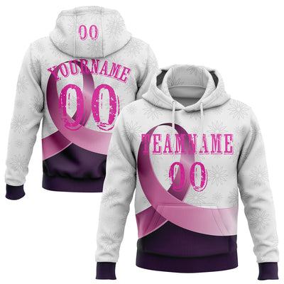 Custom White Deep Pink-Purple 3D Pink Ribbon Breast Cancer Awareness Women Health Care Support Sports Pullover Sweatshirt Hoodie