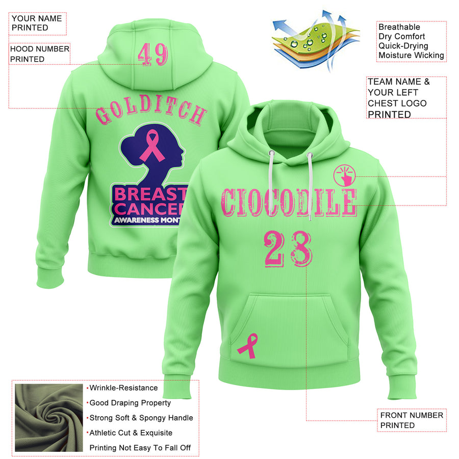 Custom Pea Green Pink Blue-White 3D Pink Ribbon Breast Cancer Awareness Women Health Care Support Sports Pullover Sweatshirt Hoodie